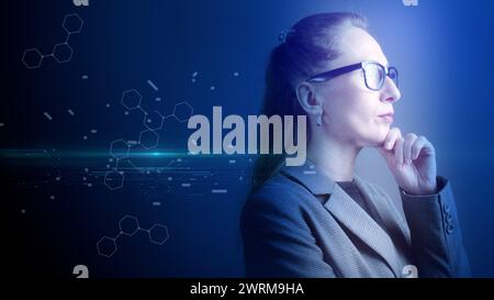 Cg tech collage. Portrait of a business woman in glasses against the background of graphs and diagrams of the movement of AI electrons on a transparen Stock Photo