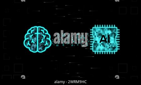 Cg tech collage. A digital human brain and an AI chip between which rays of information and binary code numbers move on a black background. The concep Stock Photo
