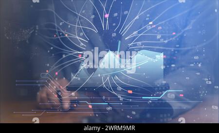 Cg tech collage. Graphs of the growth of financial status and participation in the work of AI in a hologram above a tablet in the hands of a Businessm Stock Photo
