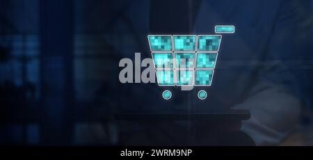 Cg tech collage. Against the background of a silhouette of an employee with a gadget, a symbol of an electronic shopping cart for shopping in online s Stock Photo