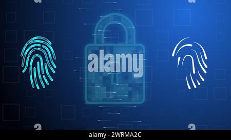 The concept of protecting personal biometric data. Cg tech collage. Two digital fingerprints and AI between which rays of information move against the Stock Photo