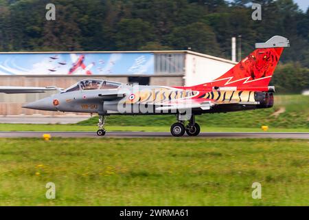 Payerne, Switzerland - September 7, 2014: Military fighter jet plane at air base. Air force flight operation. Aviation and aircraft. Air defense. Mili Stock Photo