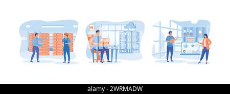 Data center services.Technician works in server room racks.Business technology cloud computing. Data center set flat vector modern illustration Stock Vector
