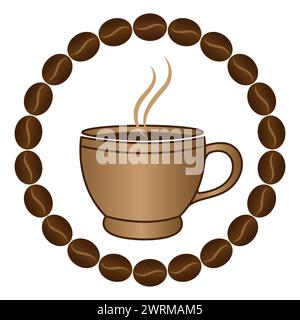Coffee cup in a circle of coffee beans vector decorative sign for coffee shops, logo design isolated, design element package. Stock Vector