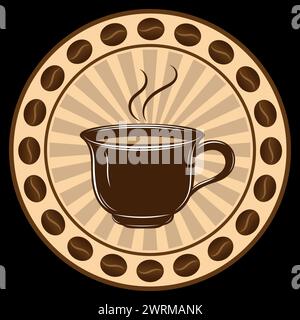 Coffee cup in a circle of coffee beans vector decorative sign for coffee shops, logo design isolated Stock Vector