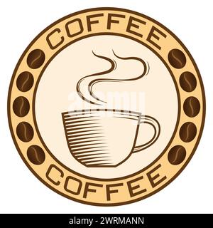 Coffee cup in a circle of coffee beans vector decorative sign for coffee package, logo design isolated Stock Vector