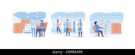 Control hardware performance in dashboards. Data network management. Monitoring Information Database. Data center set flat vector modern illustration Stock Vector