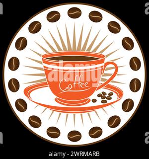 Coffee cup in a circle of coffee beans vector decorative sign for coffee shops, logo design isolated Stock Vector