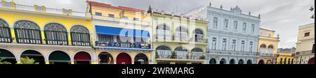 051 Houses around Plaza Vieja-Old Square, L-R= Laureano Torres de Ayala-Conde de Lombillo-La Navarra-Conde de Canongo-Hermanas Cardenas. Havana-Cuba. Stock Photo