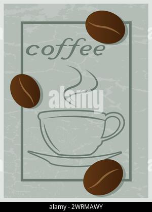 Coffee cup drawn outline with beans vector poster design Stock Vector