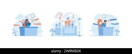 Multitasking and Time Management, Time Management Planning and Scheduling Concept, Business Man Surrounded by Hands with Office Things. Multitasking W Stock Vector