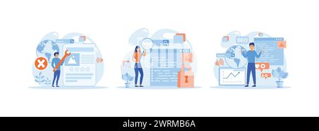 Search engine optimization ideas for blog promotion, Web page advertising on the internet, site audit. Blog Promotion set flat vector modern illustrat Stock Vector