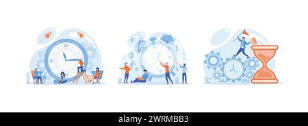 Time management, control, concept of work time management, quick reaction awakening, Businessman run along gear in form of clock. The Management set f Stock Vector