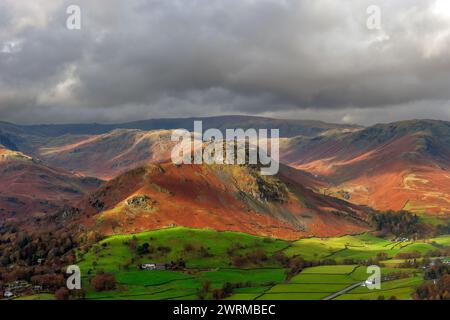 Helm Crag seen from Heron Pike above Grasmere, Cumbria Stock Photo