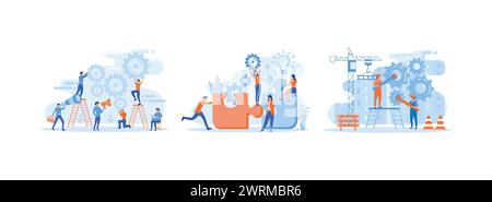 Team of businessmen working with gears or industrial, Group of young business people working together with puzzle as a symbol of collaborating, Pairs Stock Vector