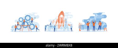 Business organization men and women with teamwork, Growth with rocket investment services, Coworking and problem solving concept. Team Work 2 set flat Stock Vector