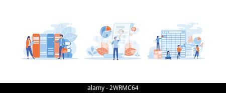 Business process, documents work flow and accounting, looks through a magnifying glass at a bill, Software for accounting with sheets, formulas, calcu Stock Vector