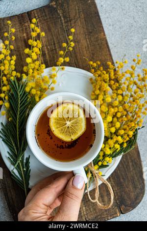 Anonymous person's hand gracefully holds a white tea cup with lemon on a wooden board, complemented by a bunch of yellow Mimosa flowers Stock Photo