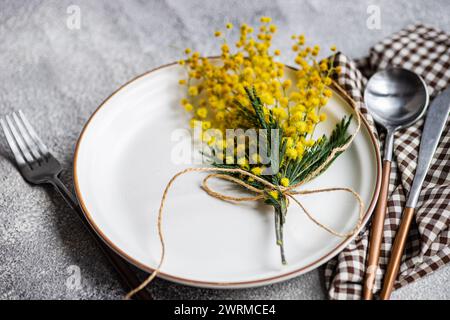 A rustic table setting featuring a white plate with a rim, accented with a sprig of mimosa flowers tied with twine, alongside silverware and checkered Stock Photo