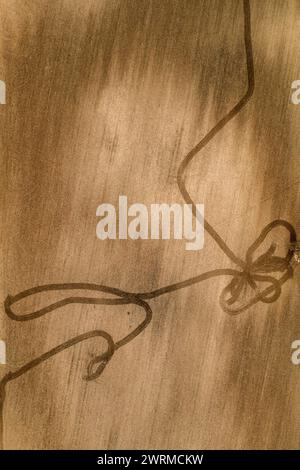 A close-up image showcasing an abstract pattern created by dark wood grain, with unique markings resembling a loose knot or scribble. Stock Photo