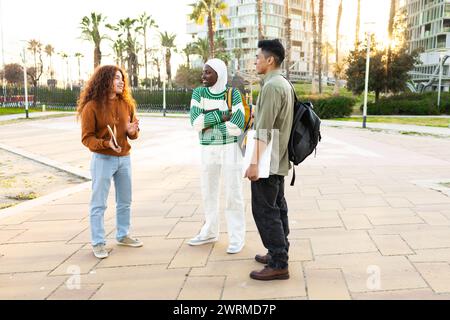 Three students of diverse ethnicities engage in a casual conversation in an outdoor setting with a backdrop of palm trees and modern buildings during Stock Photo