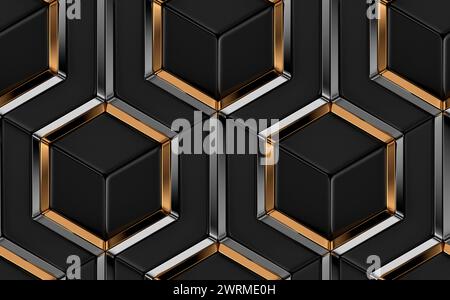 3D tiles made of black elements and gold with silver metal decor. High quality seamless realistic pattern. Stock Photo
