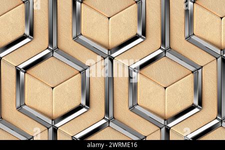 Luxury 3D tiles made of golden leather elements and silver chrome metal decor elements. High quality seamless realistic pattern. Stock Photo