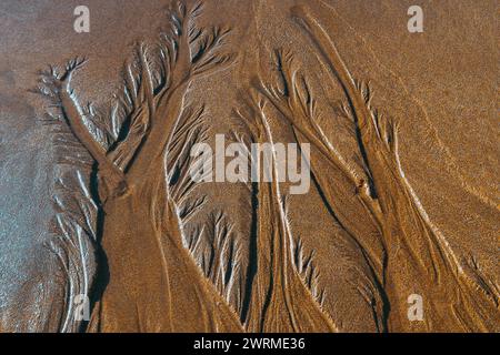 Ephemeral sand textures created by water on the beach evoke a natural abstract painting on the coast of Jaizkibel, in Gipuzkoa, Spain. Stock Photo