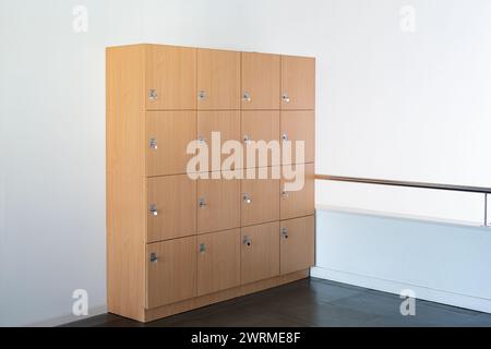 Modern wooden lockers in a bright interior with chrome handles and a minimalist design. Stock Photo