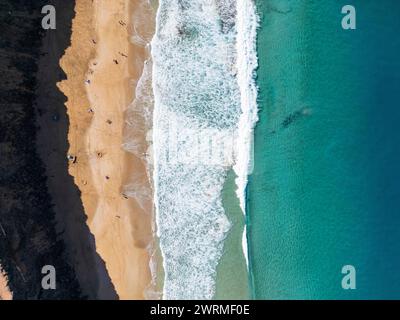 A stunning aerial drone shot capturing the contrast between the golden sandy beach and turquoise waters, with waves crashing onto the shore in Fuertev Stock Photo