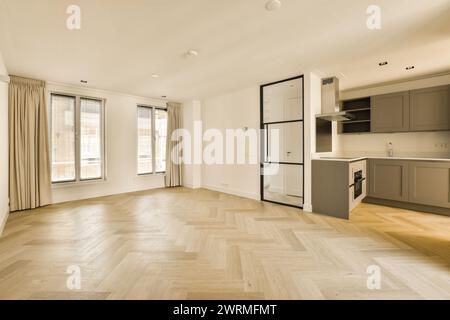 a renovated living room and kitchen in a new apartment Stock Photo