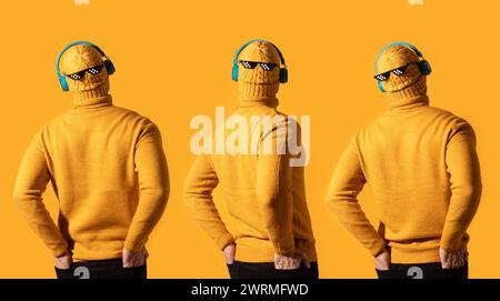Three poses of a man sporting a vivid yellow sweater, pixel sunglasses, and blue headphones against an orange background. Stock Photo