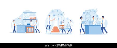 Scientists in lab, Scientist people wearing lab coats, science researches and chemical laboratory experiments, Laboratory set flat vector modern illus Stock Vector