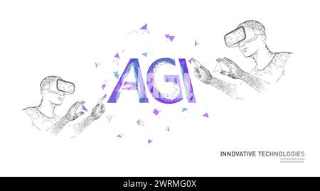 Artificial general intelligence wire web low poly letter symbols. Minimalist style AGI icon. Woman head machine learning concept technology AI brain v Stock Vector