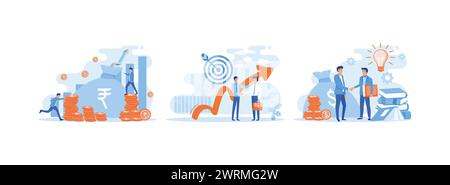 Business people are increasing Rupee coins with ever increasing graph, design concept of business analysis and planning, Business growth set flat vect Stock Vector
