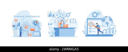 Business intelligence, Performance tools and software solutions abstract concept, Business intelligence dashboard. Business Intelligence set flat vect Stock Vector