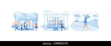 Employees looking for job, Laptop with Vacancy Article on Monitor, job search bar with binocular to see opportunity and vacancy. set flat vector moder Stock Vector