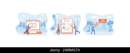 Unemployment person hold magnifying glass, Applicants Searching Job Learning Offers in Internet Resource, Riding Big Megaphone Showing Speech Bubble. Stock Vector