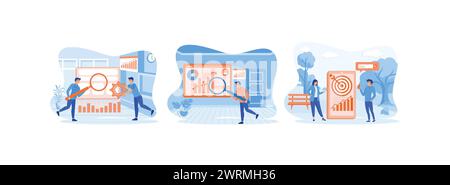People discussing marketing and seo strategy, People analyzing market trends and planning seo optimization, Seo targeting and performance concept. Bus Stock Vector