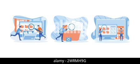 Storage and indexing of information. Information storage and indexing. File manager and data storage. Storage set flat vector modern illustration Stock Vector