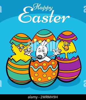 Cartoon illustration of Easter bunny and chicks hatching from colored eggs greeting card design Stock Vector