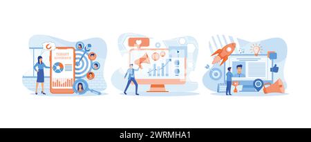 Tiny woman set up advertise on social networks in smart phone app. Internet based PR strategy.Social network media communication and promotion. Digita Stock Vector