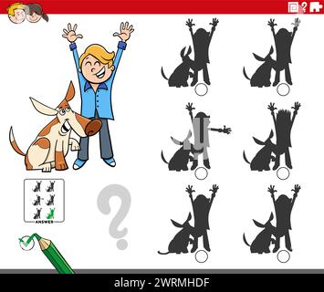 Cartoon illustration of finding the right picture to the shadow educational game with boy and his dog Stock Vector