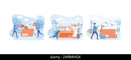 Searching info. Files search. Storage and indexing of information. Storage set flat vector modern illustration Stock Vector