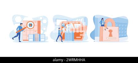 Man analyzing big data platform. Data management. Data protection. Data management set flat vector modern illustration Stock Vector