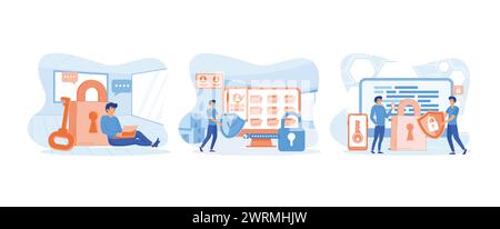 Privacy data protection, Flat personal cyber data security user with shield log in protection web access control concept, minimal outline design style Stock Vector
