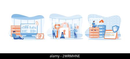 Hacker attack and web security. Database security. Hackers stealing personal data. Database set flat vector modern illustration Stock Vector