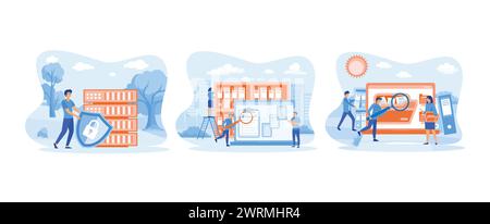 Man holding shield and server or hard disks. Searching files in database. Searching files in electronic database. Database flat vector modern illustra Stock Vector