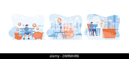 make money from internet, People saving, earning profits or high income, Making money online. Earning money set flat vector modern illustration Stock Vector