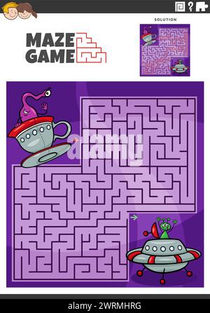 Cartoon illustration of educational maze puzzle activity with funny aliens characters in space ships Stock Vector
